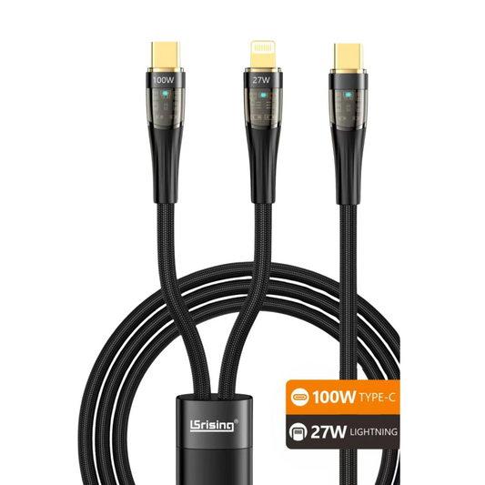 Cable 2 en 1 USB-C 100W + Lightning 27W | 1.2m Trenzado | LED | Carga Rápida PD
