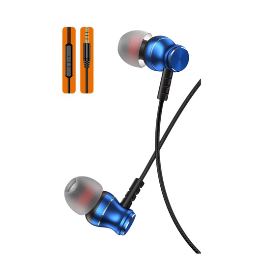 Auriculares in-ear REFORZADO METALICO con cable y micrófono, equipados con conector jack de 3.5 mm. Diseño estéreo con controles integrados en el cable. Compatibles con smartphones Android, teléfonos Samsung, portátiles y reproductores MP3.
