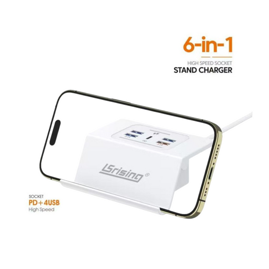 Cargador 6 en 1 con soporte – 4 USB + PD + enchufe universal, carga rápida y base para móvil. Ideal para escritorio.