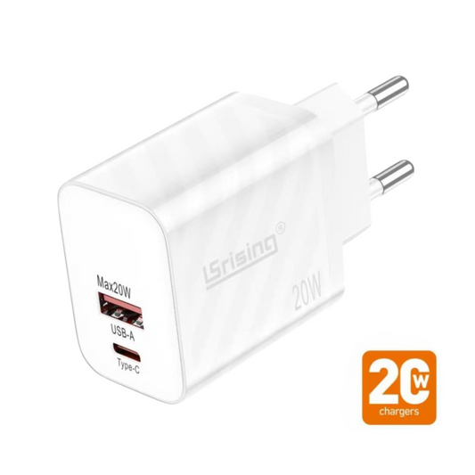 Cargador USB-C y USB-A 20W – Adaptador de pared con doble salida, compatible con todos los móviles, tablets y dispositivos.